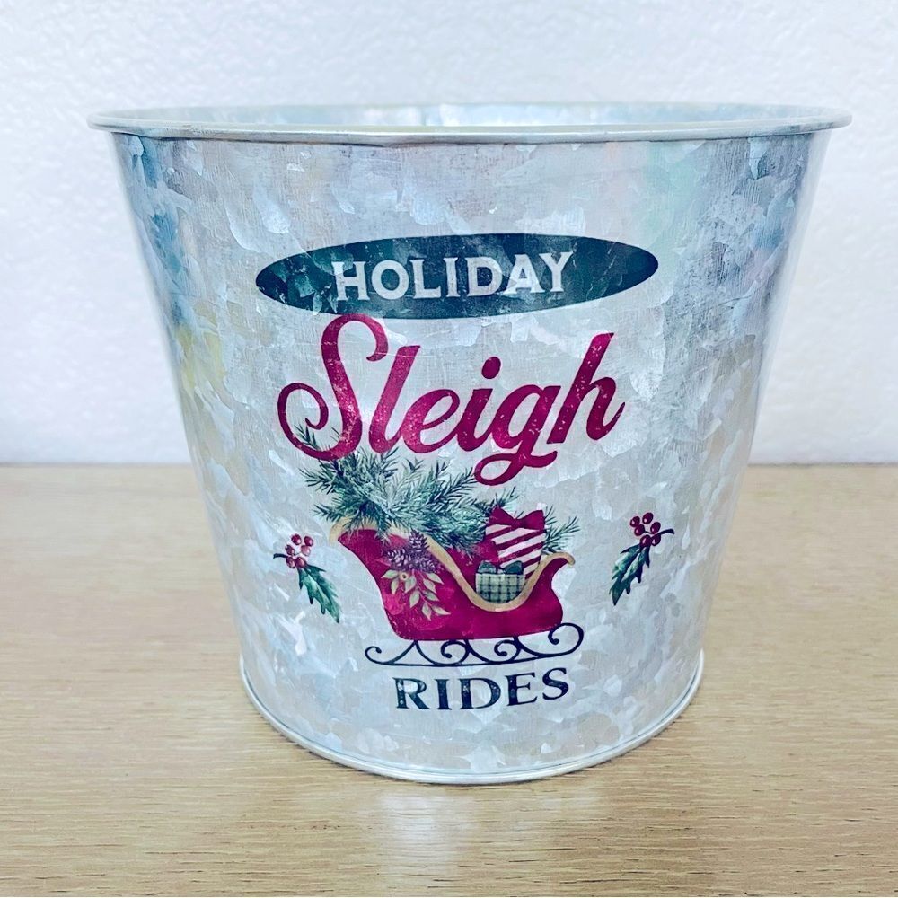 Galvanized Holiday Sleigh Rides Tin Bucket Vase Decor
